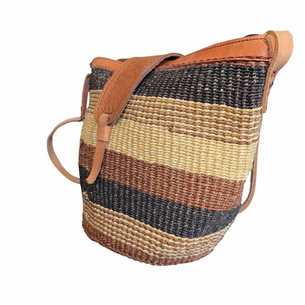 Straw Crossbody Bag Womens Medium Brown Striped Leather Trim Boho Beach - Picture 5 of 10